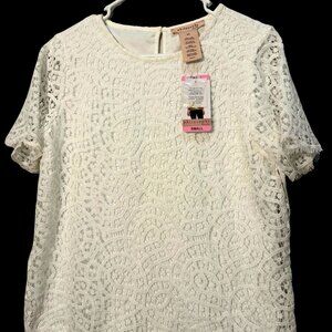Philosophy White Lace Short Sleeve Blouse Keyhole Back Size Small NWT